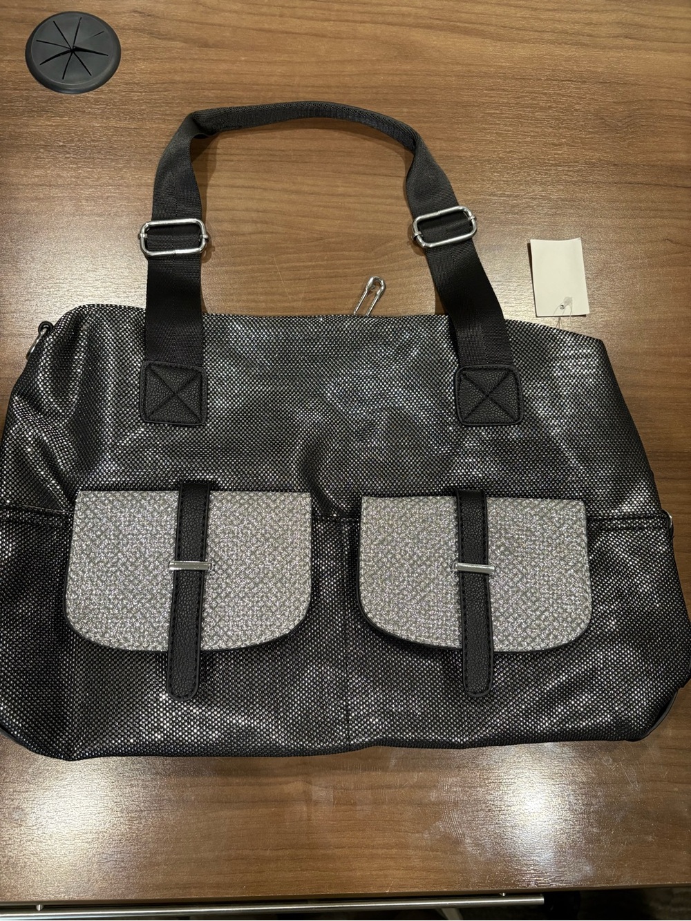 Black & Silver Metallic Weekender Travel Duffel Bag NWT